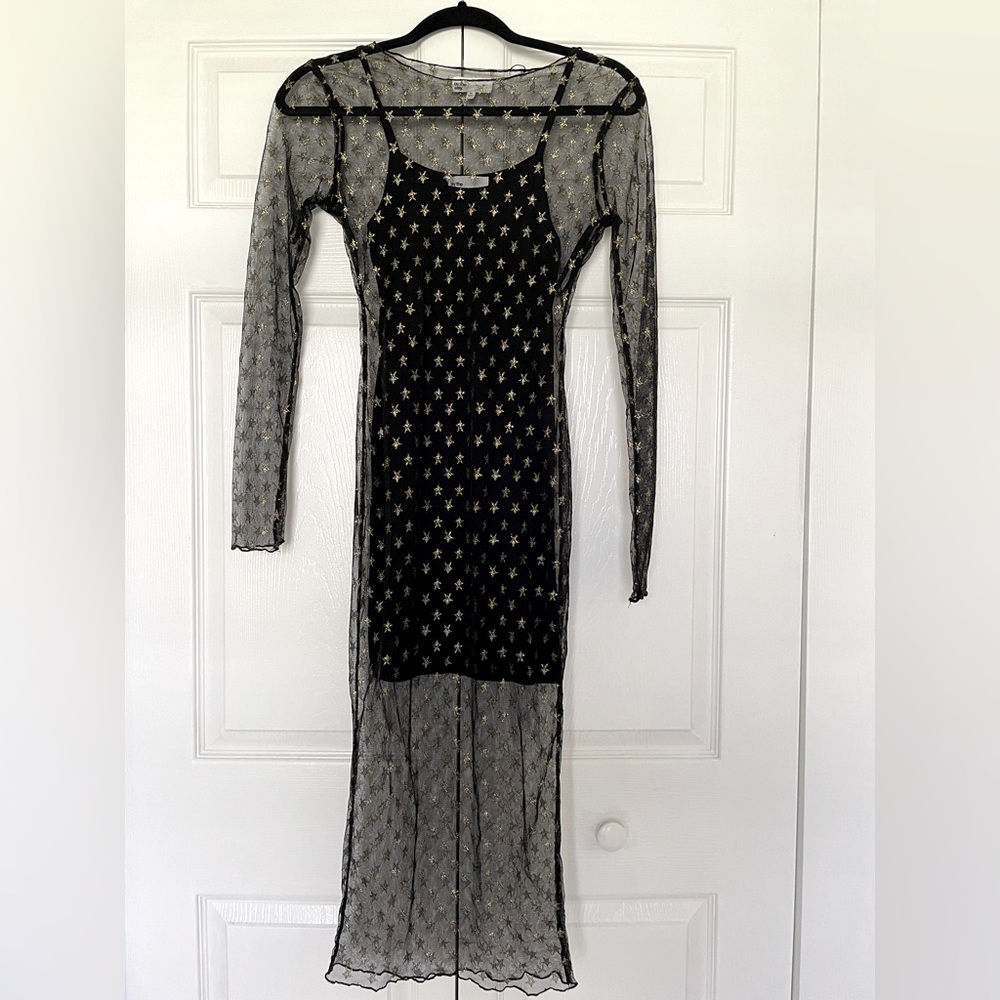Revolve “by the way.” Sheer Midi with Gold Stars & Solid Black Mini Slip